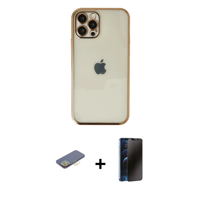 MARSİLYAN™- iPhone 12 Pro Max Kılıf Vadi Minimal - Siyah 3D Antistatik Hayalet Cam Ekran Koruyucu + Renkli Kamera Lens Koruma Cam - SI