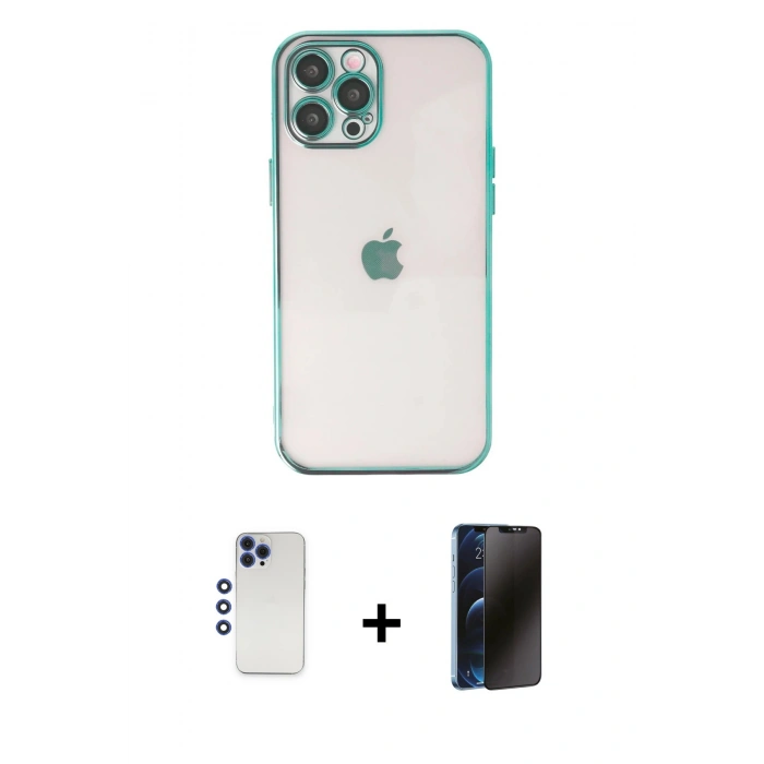 MARSİLYAN™- iPhone 12 Pro Max Kılıf Vadi Minimal - Siyah 3D Antistatik Hayalet Cam Ekran Koruyucu + Shine Kamera Lens - LT