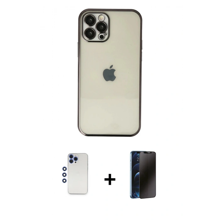 MARSİLYAN™- iPhone 12 Pro Max Kılıf Vadi Minimal - Siyah 3D Antistatik Hayalet Cam Ekran Koruyucu + Shine Kamera Lens - LT