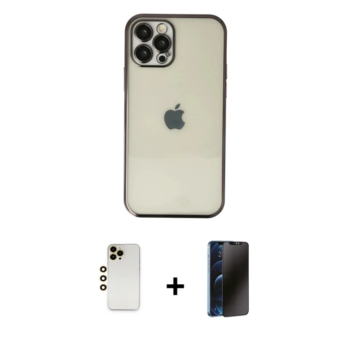 MARSİLYAN™- iPhone 12 Pro Max Kılıf Vadi Minimal - Siyah 3D Antistatik Hayalet Cam Ekran Koruyucu + Shine Kamera Lens - GD