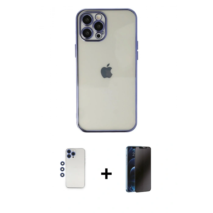 MARSİLYAN™- iPhone 12 Pro Max Kılıf Vadi Minimal - Siyah 3D Antistatik Hayalet Cam Ekran Koruyucu + Shine Kamera Lens - LT