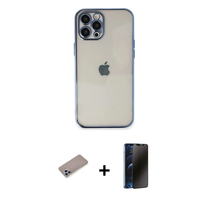 MARSİLYAN™- iPhone 12 Pro Max Kılıf Vadi Minimal - Siyah 3D Antistatik Hayalet Cam Ekran Koruyucu + Sierra Blue Shine Kamera Lens Koruma Cam