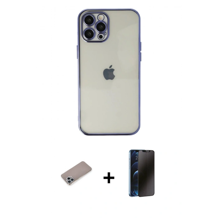 MARSİLYAN™- iPhone 12 Pro Max Kılıf Vadi Minimal - Siyah 3D Antistatik Hayalet Cam Ekran Koruyucu + Sierra Blue Shine Kamera Lens Koruma Cam