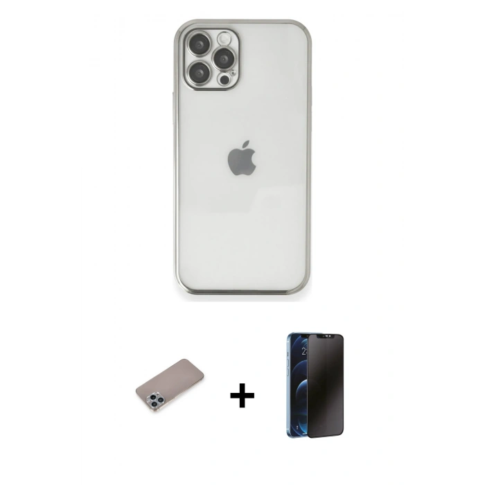MARSİLYAN™- iPhone 12 Pro Max Kılıf Vadi Minimal - Siyah 3D Antistatik Hayalet Cam Ekran Koruyucu + Sierra Blue Shine Kamera Lens Koruma Cam