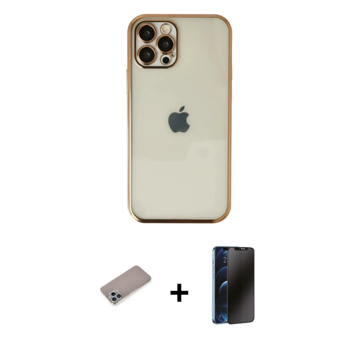 MARSİLYAN™- iPhone 12 Pro Max Kılıf Vadi Minimal - Siyah 3D Antistatik Hayalet Cam Ekran Koruyucu + Sierra Blue Shine Kamera Lens Koruma Cam