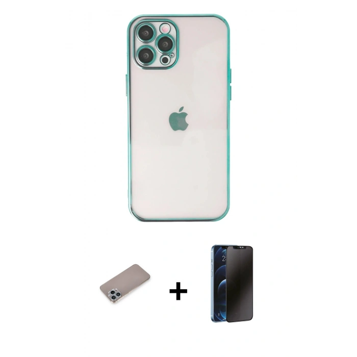 MARSİLYAN™- iPhone 12 Pro Max Kılıf Vadi Minimal - Siyah 3D Antistatik Hayalet Cam Ekran Koruyucu + Sierra Blue Shine Kamera Lens Koruma Cam