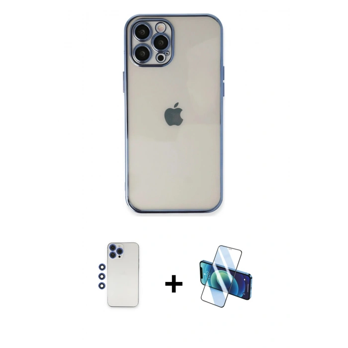 MARSİLYAN™- iPhone 12 Pro Max Kılıf Vadi Minimal - Siyah 3D Antistatik Seramik Nano Ekran Koruyucu + Lacivert Shine Kamera Lens