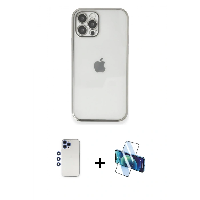 MARSİLYAN™- iPhone 12 Pro Max Kılıf Vadi Minimal - Siyah 3D Antistatik Seramik Nano Ekran Koruyucu + Lacivert Shine Kamera Lens