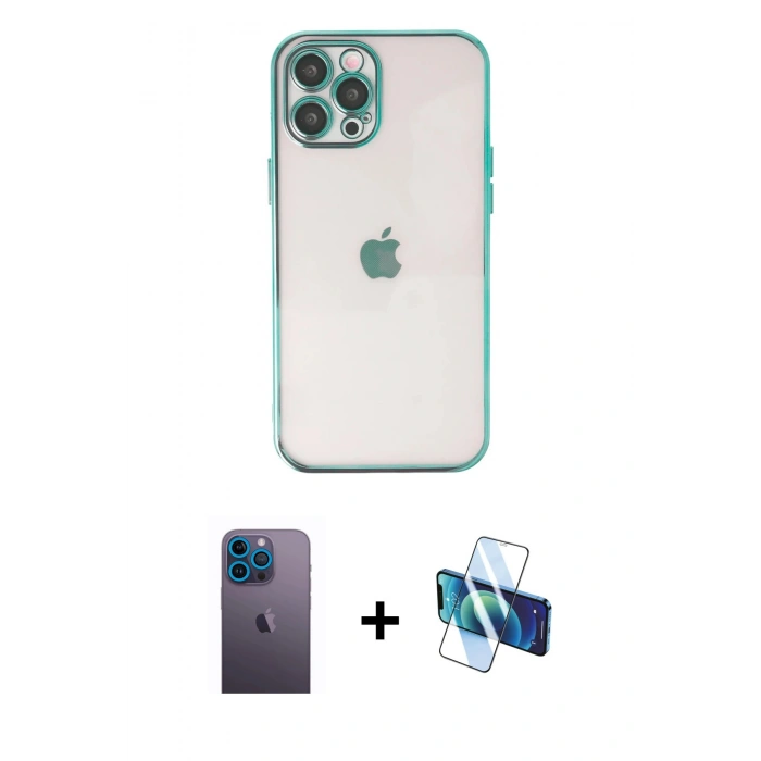 MARSİLYAN™- iPhone 12 Pro Max Kılıf Vadi Minimal - Siyah 3D Antistatik Seramik Nano Ekran Koruyucu + Neon Fosforlu Kamera Lens - MI
