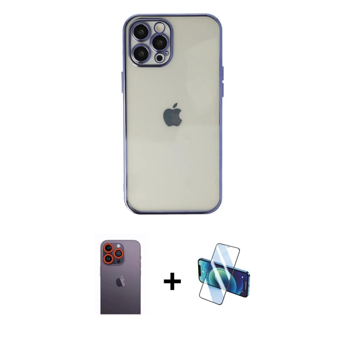 MARSİLYAN™- iPhone 12 Pro Max Kılıf Vadi Minimal - Siyah 3D Antistatik Seramik Nano Ekran Koruyucu + Neon Fosforlu Kamera Lens - TU