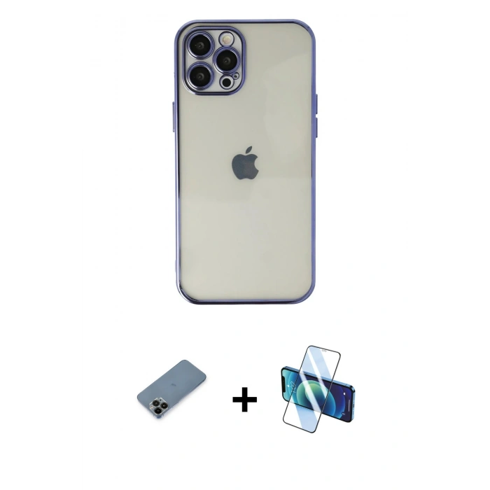 MARSİLYAN™- iPhone 12 Pro Max Kılıf Vadi Minimal - Siyah 3D Antistatik Seramik Nano Ekran Koruyucu + Shine Kamera Lens Koruma Cam - SH