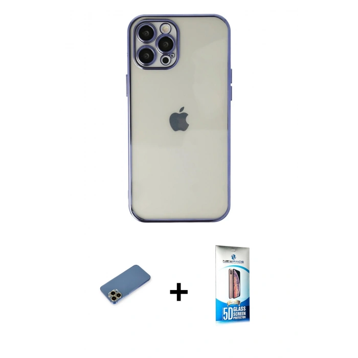 MARSİLYAN™- iPhone 12 Pro Max Kılıf Vadi Minimal - Siyah 5D Eko Cam Ekran Koruyucu + Gold Shine Kamera Lens Koruma Cam