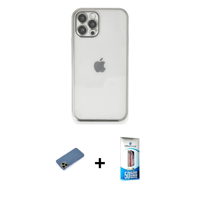 MARSİLYAN™- iPhone 12 Pro Max Kılıf Vadi Minimal - Siyah 5D Eko Cam Ekran Koruyucu + Gold Shine Kamera Lens Koruma Cam