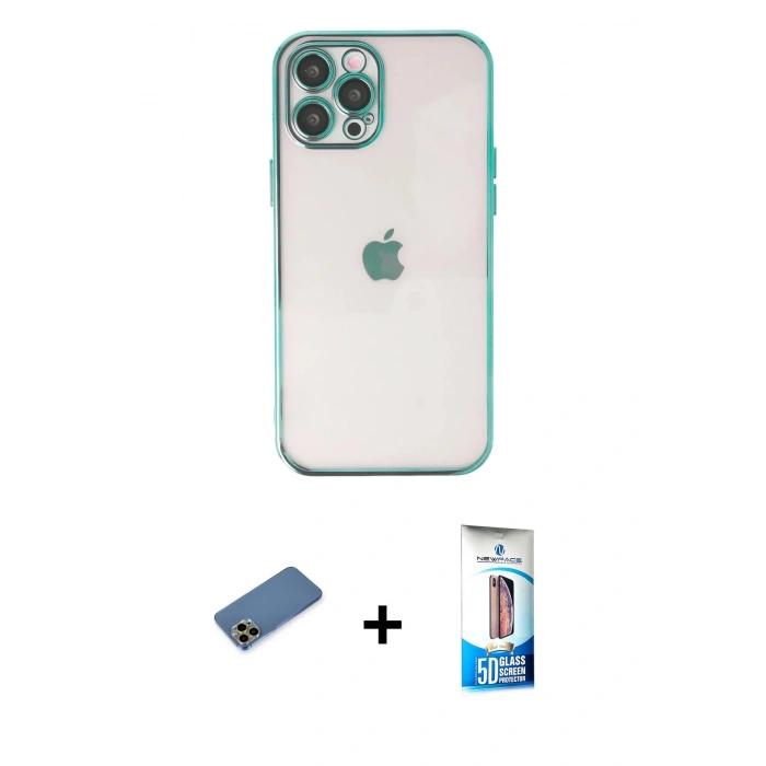 MARSİLYAN™- iPhone 12 Pro Max Kılıf Vadi Minimal - Siyah 5D Eko Cam Ekran Koruyucu + Gold Shine Kamera Lens Koruma Cam
