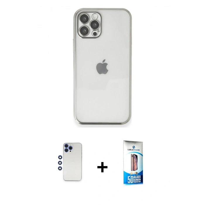 MARSİLYAN™- iPhone 12 Pro Max Kılıf Vadi Minimal - Siyah 5D Eko Cam Ekran Koruyucu + Lacivert Shine Kamera Lens