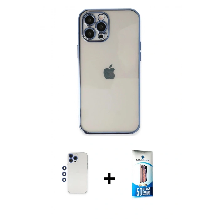 MARSİLYAN™- iPhone 12 Pro Max Kılıf Vadi Minimal - Siyah 5D Eko Cam Ekran Koruyucu + Lacivert Shine Kamera Lens