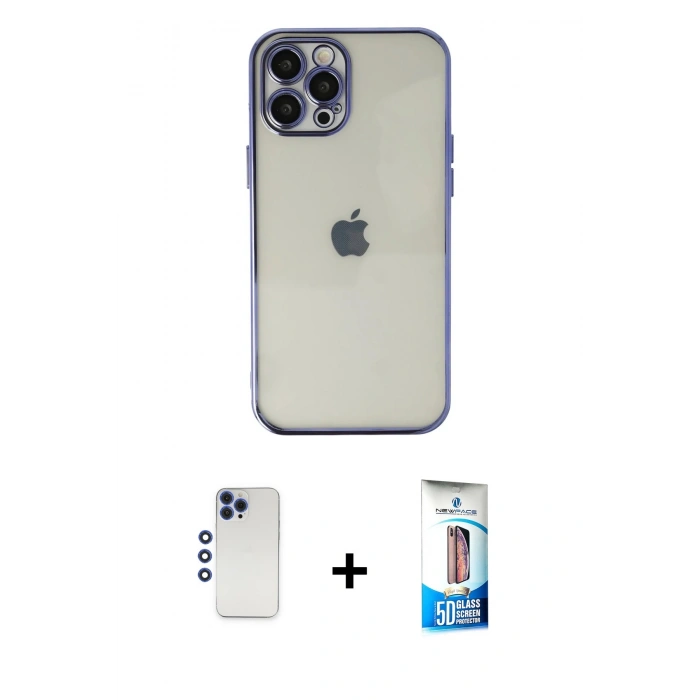 MARSİLYAN™- iPhone 12 Pro Max Kılıf Vadi Minimal - Siyah 5D Eko Cam Ekran Koruyucu + Lacivert Shine Kamera Lens