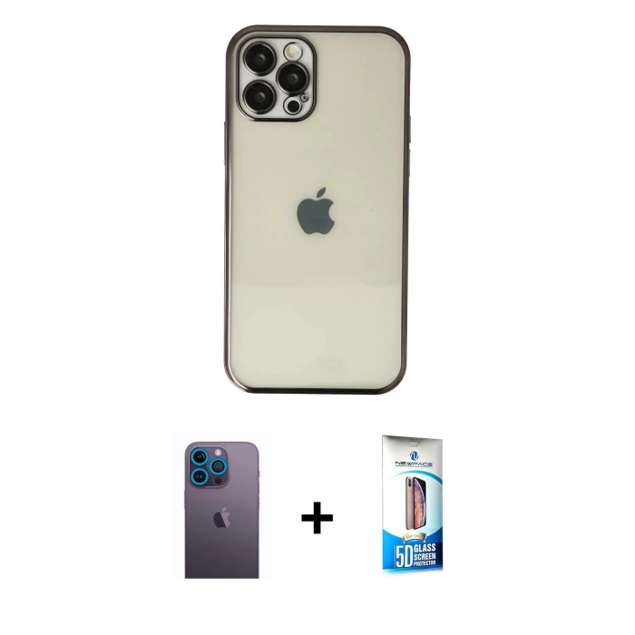 MARSİLYAN™- iPhone 12 Pro Max Kılıf Vadi Minimal - Siyah 5D Eko Cam Ekran Koruyucu + Neon Fosforlu Kamera Lens - MI
