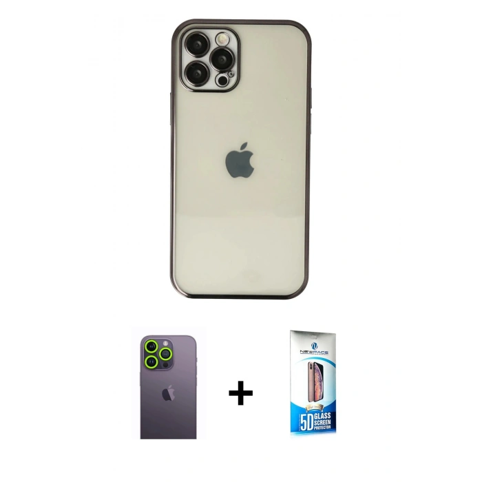 MARSİLYAN™- iPhone 12 Pro Max Kılıf Vadi Minimal - Siyah 5D Eko Cam Ekran Koruyucu + Neon Fosforlu Kamera Lens - YL