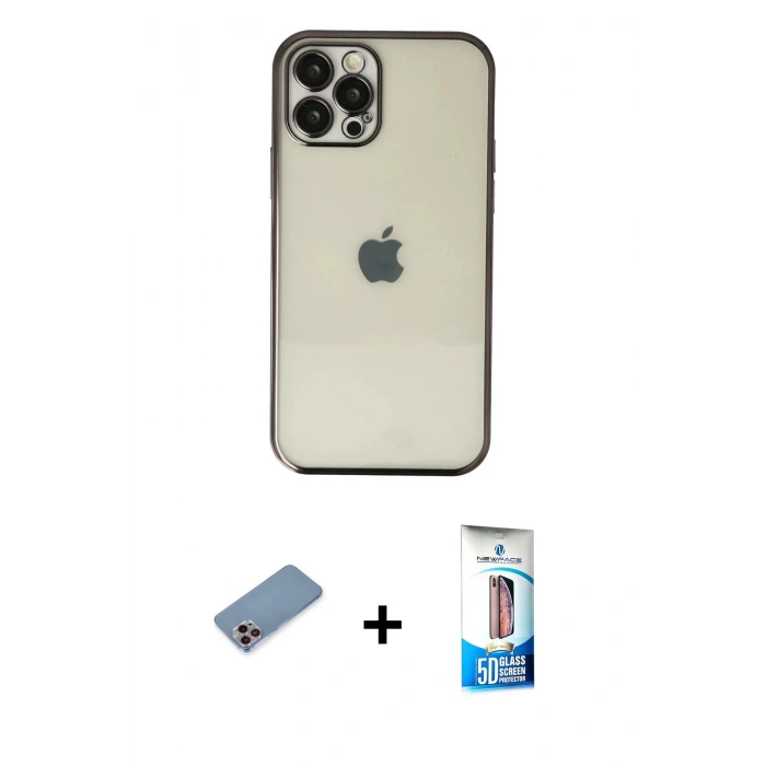 MARSİLYAN™- iPhone 12 Pro Max Kılıf Vadi Minimal - Siyah 5D Eko Cam Ekran Koruyucu + Shine Kamera Lens Koruma Cam - PE