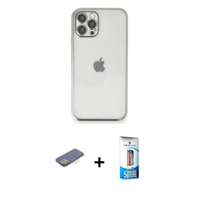 MARSİLYAN™- iPhone 12 Pro Max Kılıf Vadi Minimal - Siyah 5D Eko Cam Ekran Koruyucu + Renkli Kamera Lens Koruma Cam - SI