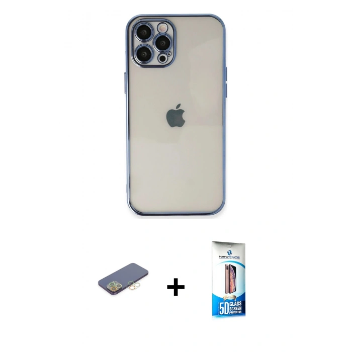 MARSİLYAN™- iPhone 12 Pro Max Kılıf Vadi Minimal - Siyah 5D Eko Cam Ekran Koruyucu + Renkli Kamera Lens Koruma Cam - SI