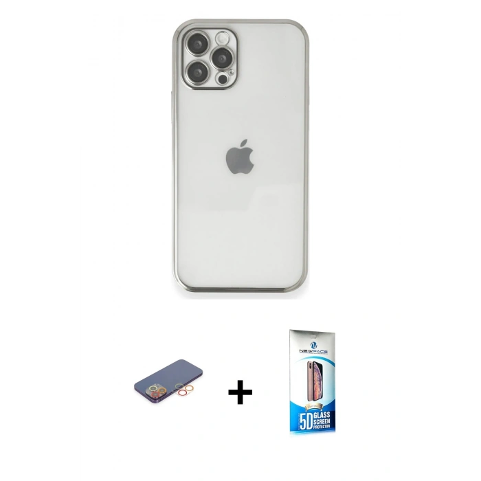 MARSİLYAN™- iPhone 12 Pro Max Kılıf Vadi Minimal - Siyah 5D Eko Cam Ekran Koruyucu + Renkli Kamera Lens Koruma Cam - TU