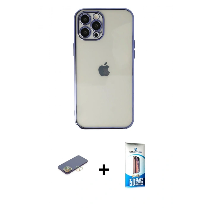 MARSİLYAN™- iPhone 12 Pro Max Kılıf Vadi Minimal - Siyah 5D Eko Cam Ekran Koruyucu + Renkli Kamera Lens Koruma Cam - SI