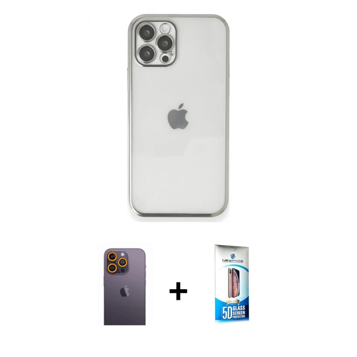 MARSİLYAN™- iPhone 12 Pro Max Kılıf Vadi Minimal - Siyah 5D Eko Cam Ekran Koruyucu + Neon Fosforlu Kamera Lens - SI