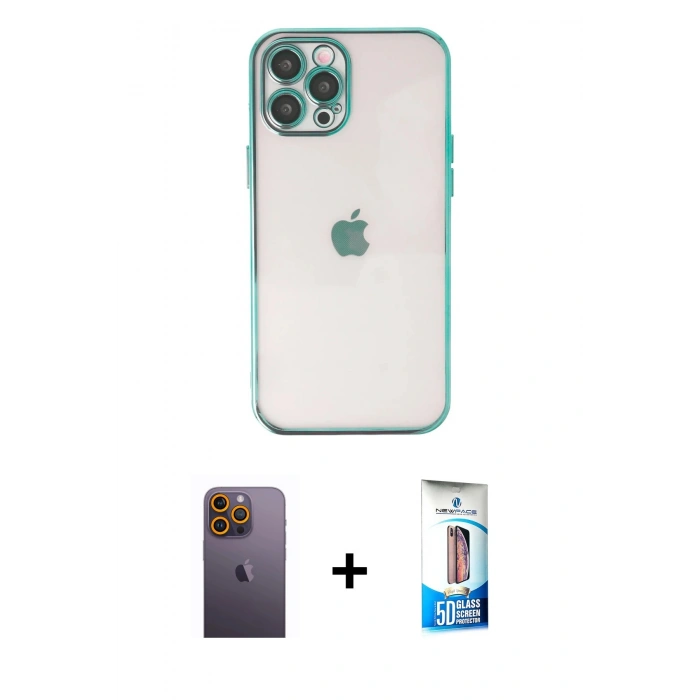 MARSİLYAN™- iPhone 12 Pro Max Kılıf Vadi Minimal - Siyah 5D Eko Cam Ekran Koruyucu + Neon Fosforlu Kamera Lens - SI