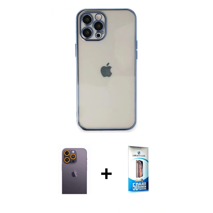 MARSİLYAN™- iPhone 12 Pro Max Kılıf Vadi Minimal - Siyah 5D Eko Cam Ekran Koruyucu + Neon Fosforlu Kamera Lens - SI
