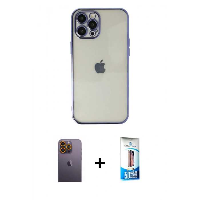 MARSİLYAN™- iPhone 12 Pro Max Kılıf Vadi Minimal - Siyah 5D Eko Cam Ekran Koruyucu + Neon Fosforlu Kamera Lens - SI