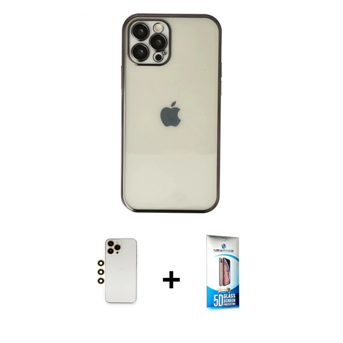 MARSİLYAN™- iPhone 12 Pro Max Kılıf Vadi Minimal - Siyah 5D Eko Cam Ekran Koruyucu + Shine Kamera Lens - GD