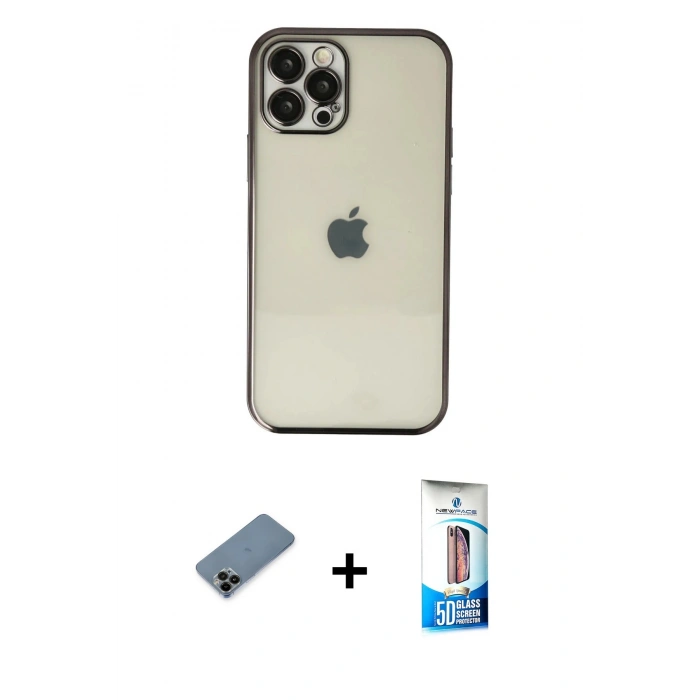 MARSİLYAN™- iPhone 12 Pro Max Kılıf Vadi Minimal - Siyah 5D Eko Cam Ekran Koruyucu + Siyah Shine Kamera Lens Koruma Cam