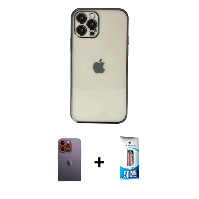 MARSİLYAN™- iPhone 12 Pro Max Kılıf Vadi Minimal - Siyah 5D Eko Cam Ekran Koruyucu + Neon Fosforlu Kamera Lens - TU