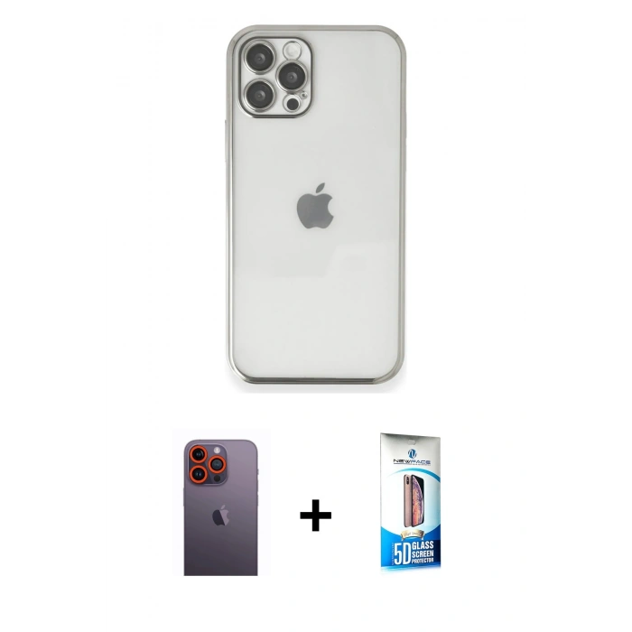 MARSİLYAN™- iPhone 12 Pro Max Kılıf Vadi Minimal - Siyah 5D Eko Cam Ekran Koruyucu + Neon Fosforlu Kamera Lens - TU