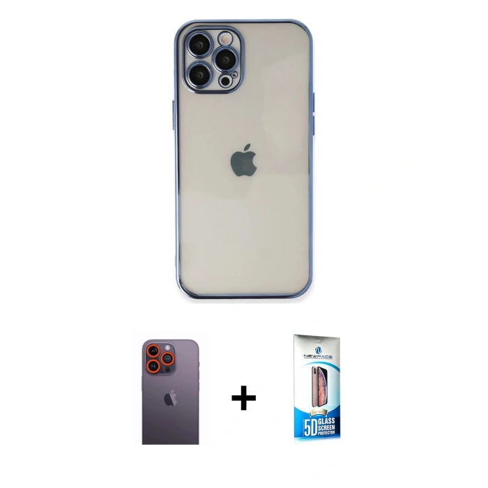MARSİLYAN™- iPhone 12 Pro Max Kılıf Vadi Minimal - Siyah 5D Eko Cam Ekran Koruyucu + Neon Fosforlu Kamera Lens - TU