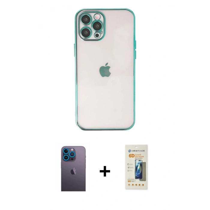 MARSİLYAN™- iPhone 12 Pro Max Kılıf Vadi Minimal - Siyah 6D Mat Seramik Hayalet Nano Ekran Koruyucu + Neon Fosforlu Kamera Lens - MI