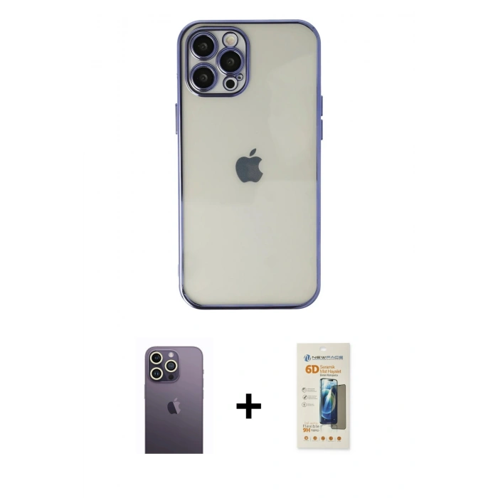 MARSİLYAN™- iPhone 12 Pro Max Kılıf Vadi Minimal - Siyah 6D Mat Seramik Hayalet Nano Ekran Koruyucu + Neon Fosforlu Kamera Lens - BZ