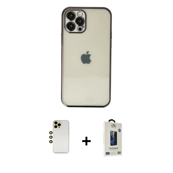 MARSİLYAN™- iPhone 12 Pro Max Kılıf Vadi Minimal - Siyah Bilvis Hayalet Cam Ekran Koruyucu + Shine Kamera Lens - GD