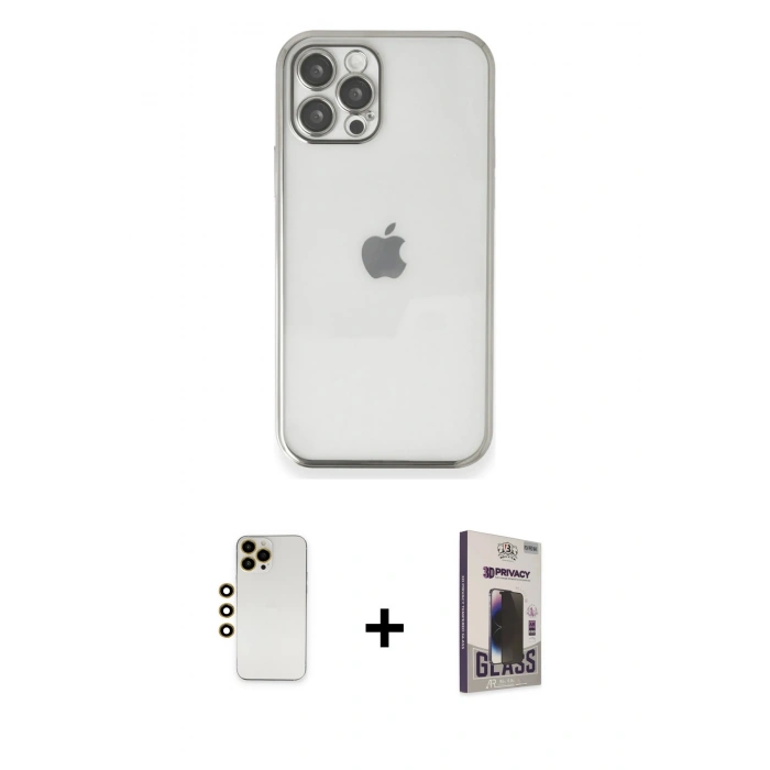 MARSİLYAN™- iPhone 12 Pro Max Kılıf Vadi Minimal - Siyah Bilvis Hayalet Cam Ekran Koruyucu + Shine Kamera Lens - GD