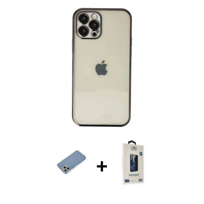 MARSİLYAN™- iPhone 12 Pro Max Kılıf Vadi Minimal - Siyah Bilvis Hayalet Cam Ekran Koruyucu + Shine Kamera Lens Koruma Cam - GS