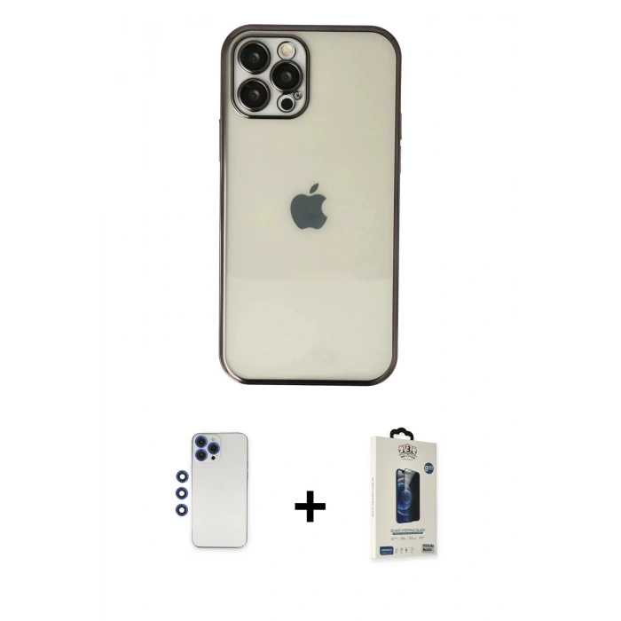 MARSİLYAN™- iPhone 12 Pro Max Kılıf Vadi Minimal - Siyah Bilvis Hayalet Cam Ekran Koruyucu + Shine Kamera Lens - LT