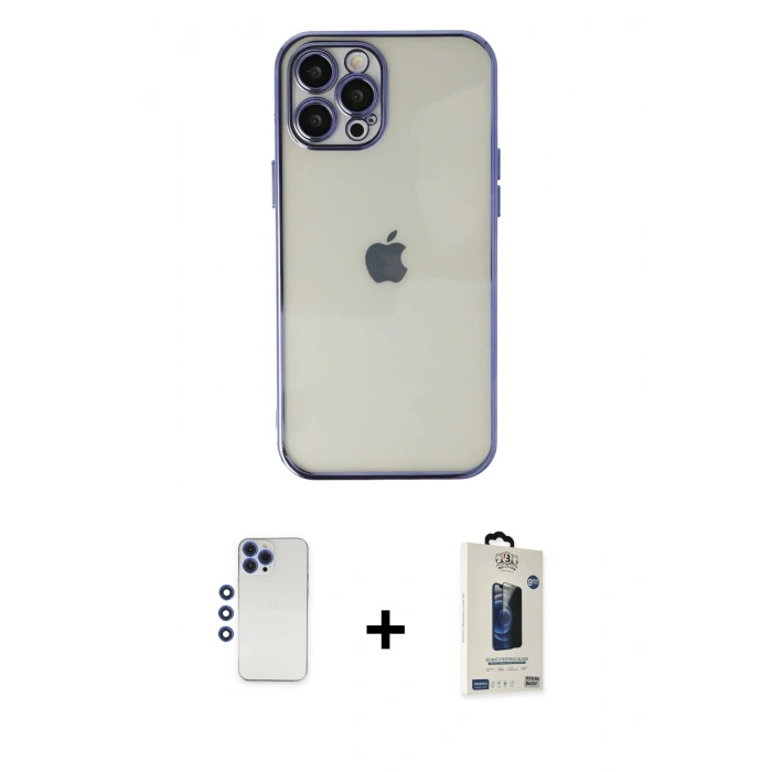 MARSİLYAN™- iPhone 12 Pro Max Kılıf Vadi Minimal - Siyah Bilvis Hayalet Cam Ekran Koruyucu + Shine Kamera Lens - LT