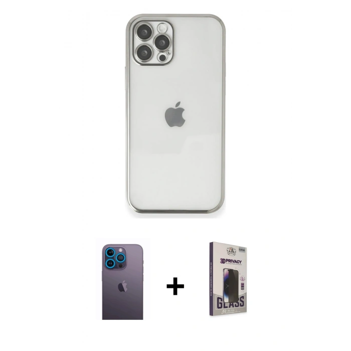 MARSİLYAN™- iPhone 12 Pro Max Kılıf Vadi Minimal - Siyah Bilvis Hayalet Cam Ekran Koruyucu + Neon Fosforlu Kamera Lens - MI