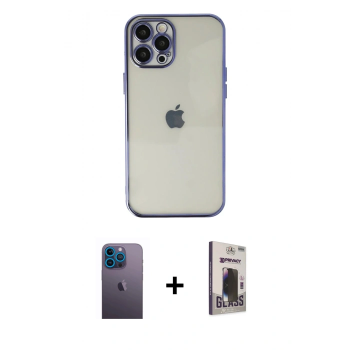 MARSİLYAN™- iPhone 12 Pro Max Kılıf Vadi Minimal - Siyah Bilvis Hayalet Cam Ekran Koruyucu + Neon Fosforlu Kamera Lens - MI