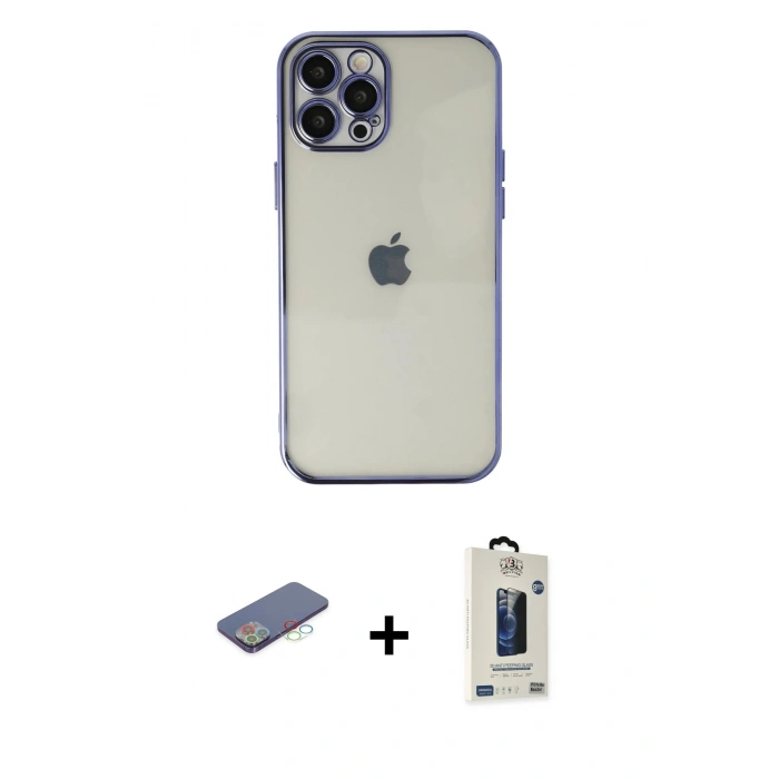 MARSİLYAN™- iPhone 12 Pro Max Kılıf Vadi Minimal - Siyah Bilvis Hayalet Cam Ekran Koruyucu + Renkli Kamera Lens Koruma Cam - MI