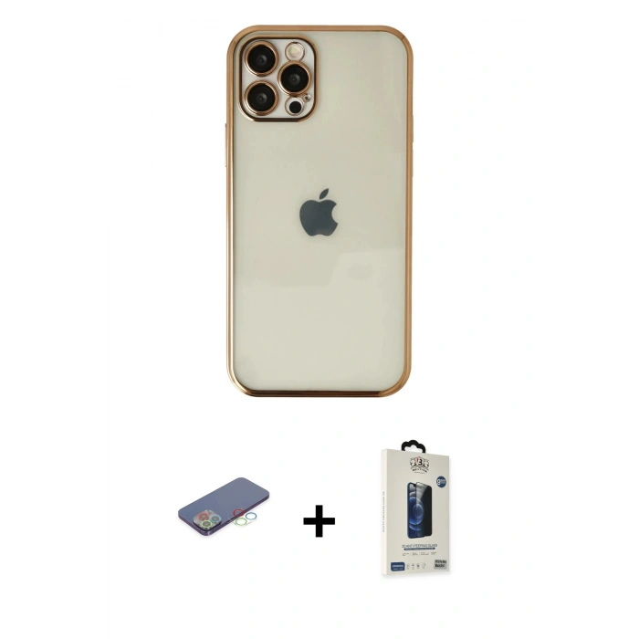 MARSİLYAN™- iPhone 12 Pro Max Kılıf Vadi Minimal - Siyah Bilvis Hayalet Cam Ekran Koruyucu + Renkli Kamera Lens Koruma Cam - MI