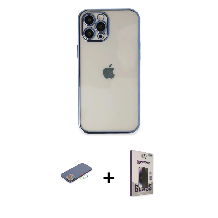 MARSİLYAN™- iPhone 12 Pro Max Kılıf Vadi Minimal - Siyah Bilvis Hayalet Cam Ekran Koruyucu + Renkli Kamera Lens Koruma Cam - MI