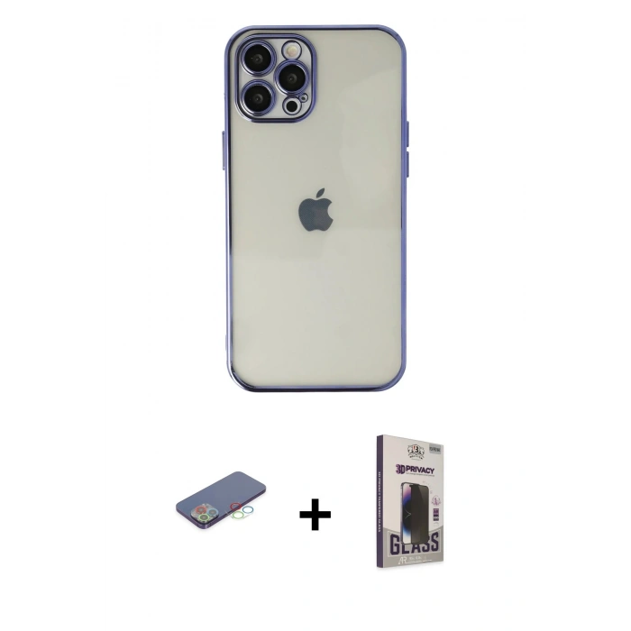 MARSİLYAN™- iPhone 12 Pro Max Kılıf Vadi Minimal - Siyah Bilvis Hayalet Cam Ekran Koruyucu + Renkli Kamera Lens Koruma Cam - MI